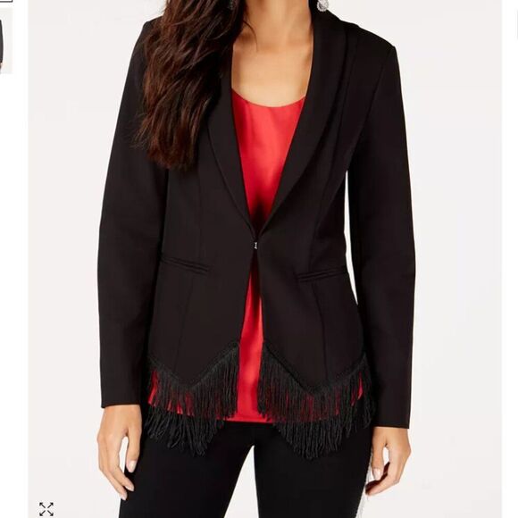 INC International Concepts Jackets & Blazers - Women's I.N.C. Black Fitted Blazer Fringe Trim Size XS EUC